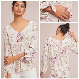 Maeve Anthropologie Pernille Floral Tie Sleeve Blouse. Size L
